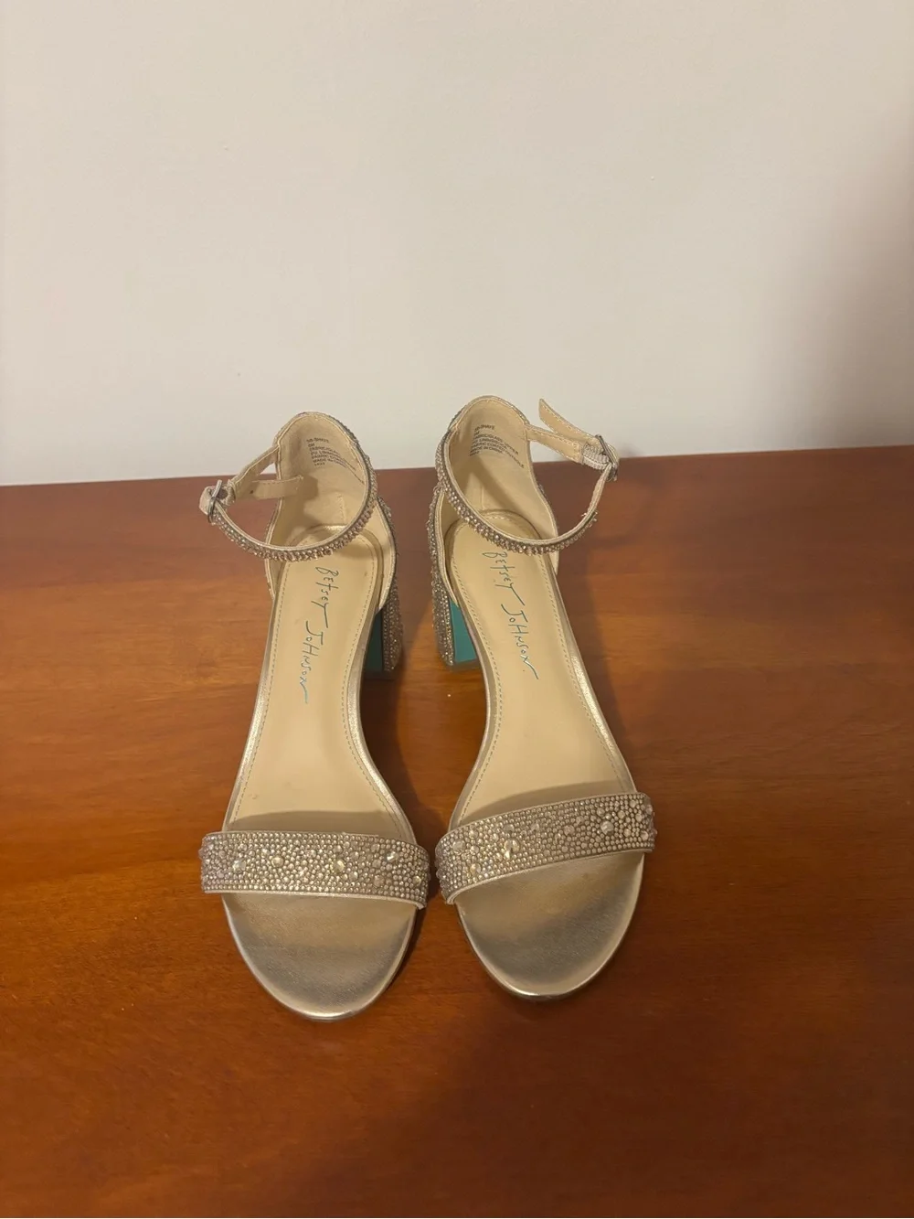 Betsey Johnson Champagne Gold Crystal Block Heel Sandals